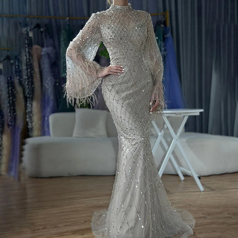 Luxury Beaded Feathers Sage Green Evening Dress Long Sleeves LA72394A