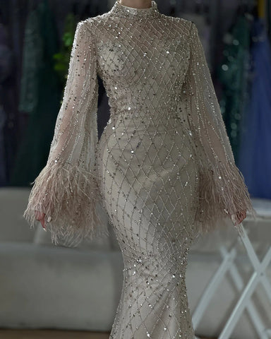 Luxury Beaded Feathers Sage Green Evening Dress Long Sleeves LA72394A