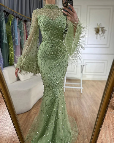 Luxury Beaded Feathers Sage Green Evening Dress Long Sleeves LA72394A
