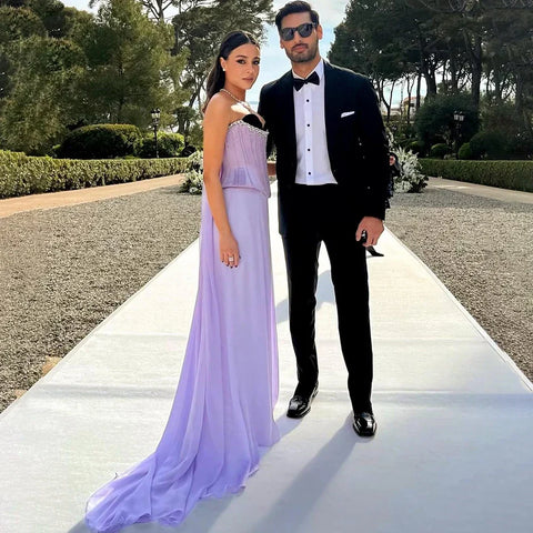 2025 Saudi Lilac Two-Piece Satin A-Line Evening Dresses for Women Strapless Corset for Formal Occasion LA72765