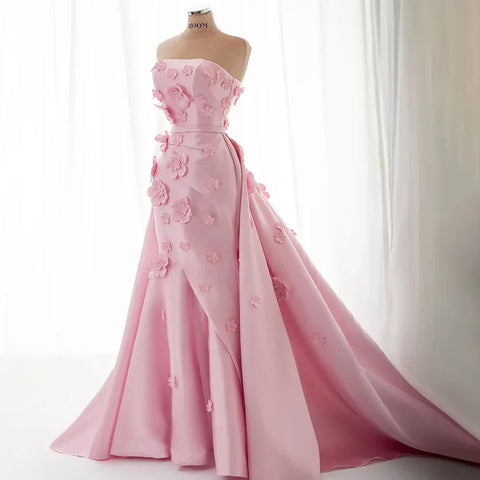 Pink 3D Flowers Mermaid Evening Dress with Detachable Overskirt LA72740