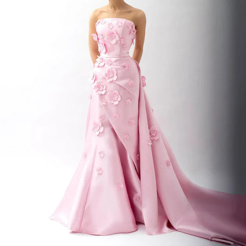 Pink 3D Flowers Mermaid Evening Dress with Detachable Overskirt LA72740