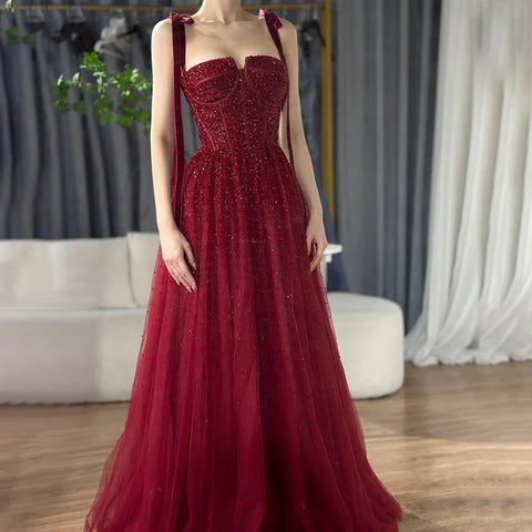 Luxury Saudi Wine Red Beaded Evening Gown Spaghetti Strap Floor-Length for Formal Occasion LA70600A