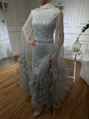 2025 Silver Gray Mermaid Cape Sleeves Feathers Beaded Ankle Length Evening Dresses Gowns for Formal Occasion LA72747