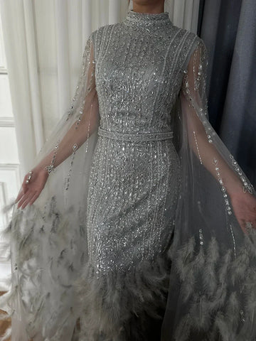 2025 Silver Gray Mermaid Cape Sleeves Feathers Beaded Ankle Length Evening Dresses Gowns for Formal Occasion LA72747