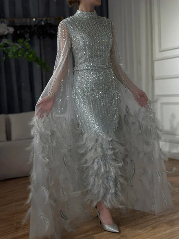 2025 Silver Gray Mermaid Cape Sleeves Feathers Beaded Ankle Length Evening Dresses Gowns for Formal Occasion LA72747