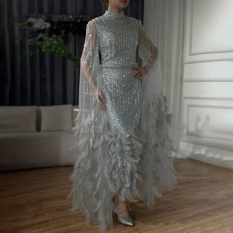 2025 Silver Gray Mermaid Cape Sleeves Feathers Beaded Ankle Length Evening Dresses Gowns for Formal Occasion LA72747