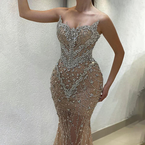 2025 Nude Mermaid Evening Dress with Beaded Crystal Removable Cape Sleeves Gown for Formal Occasion LA72539