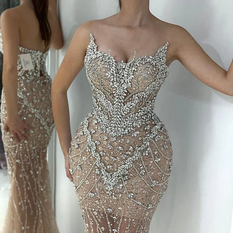 2025 Nude Mermaid Evening Dress with Beaded Crystal Removable Cape Sleeves Gown for Formal Occasion LA72539