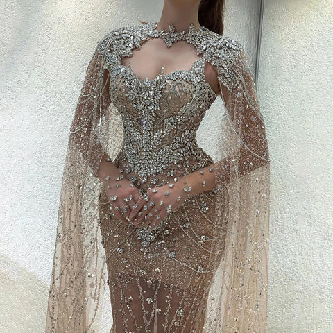 2025 Nude Mermaid Evening Dress with Beaded Crystal Removable Cape Sleeves Gown for Formal Occasion LA72539
