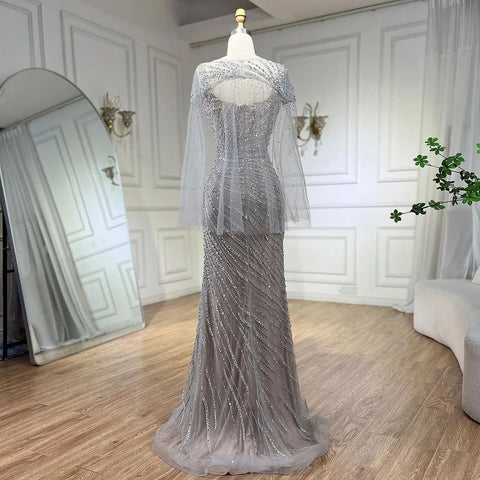 2025 Sliver Nude Elegant With Cloak Beaded Luxury Evening Dresses Gowns Mermaid for Women Wedding Party LA71380