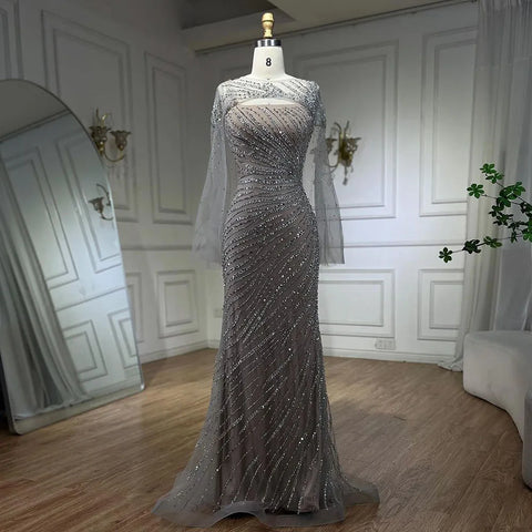 2025 Sliver Nude Elegant With Cloak Beaded Luxury Evening Dresses Gowns Mermaid for Women Wedding Party LA71380