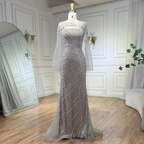 2025 Sliver Nude Elegant With Cloak Beaded Luxury Evening Dresses Gowns Mermaid for Women Wedding Party LA71380