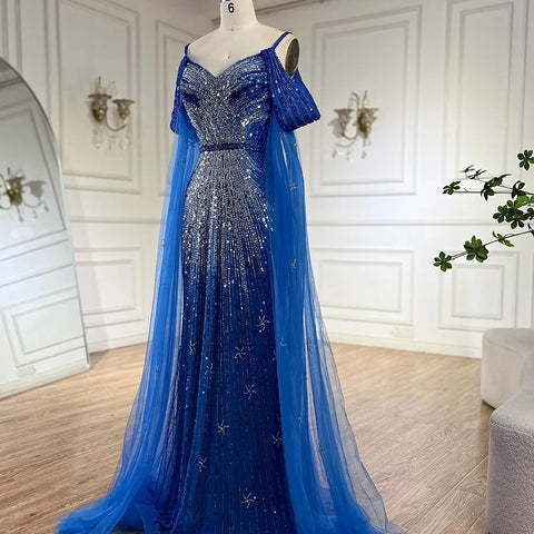 2025 Spaghetti Strap Blue Mermaid Beaded Luxury Evening Dress with Cape Sleeves for Formal Occasion Saudi LA72707