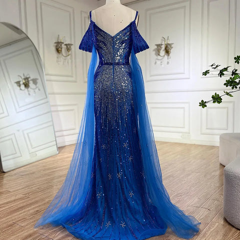 2025 Spaghetti Strap Blue Mermaid Beaded Luxury Evening Dress with Cape Sleeves for Formal Occasion Saudi LA72707