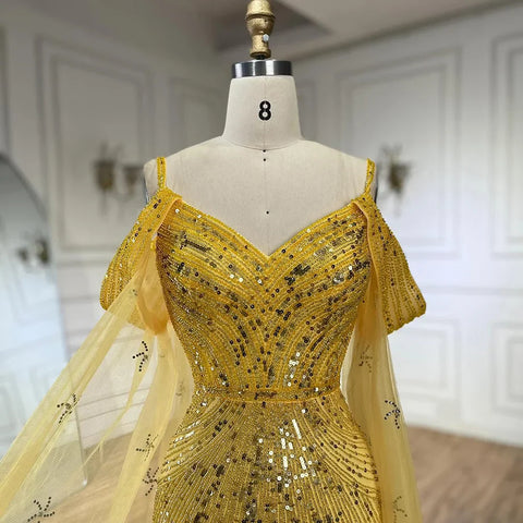 2025 Spaghetti Strap Blue Mermaid Beaded Luxury Evening Dress with Cape Sleeves for Formal Occasion Saudi LA72707