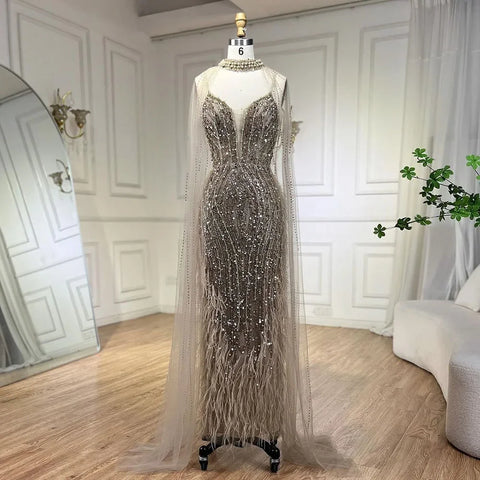 2025 White Nude Mermaid Wedding Party Dresses with Beaded Feathers Luxury Cape Sleeves  Party Gowns LA72047A