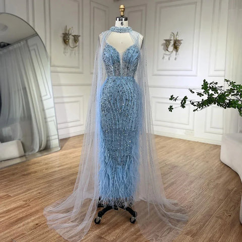 2025 White Nude Mermaid Wedding Party Dresses with Beaded Feathers Luxury Cape Sleeves  Party Gowns LA72047A