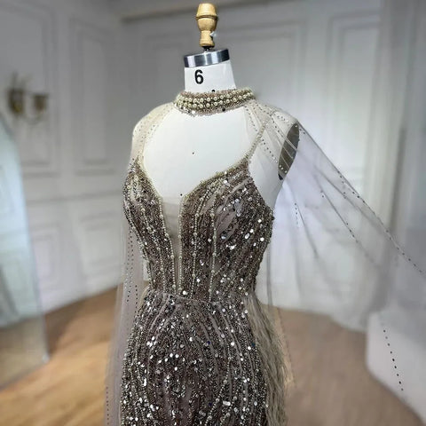 2025 White Nude Mermaid Wedding Party Dresses with Beaded Feathers Luxury Cape Sleeves  Party Gowns LA72047A