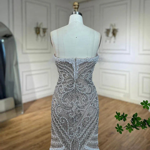 2025 White Nude Strapless Split Mermaid Pearl Beaded Luxury Evening Gowns for Women Wedding Party LA72522