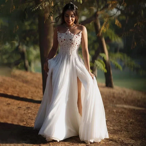 2025 White Strapless Luxury Dubai Evening Gown with Front Double Split Pearls Beaded Dress for Women's Party LA72667