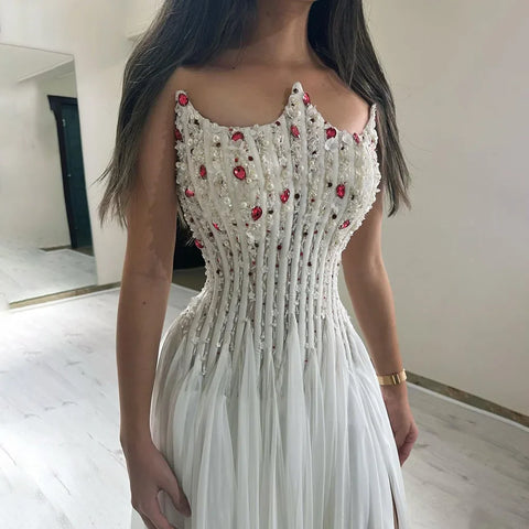 2025 White Strapless Luxury Dubai Evening Gown with Front Double Split Pearls Beaded Dress for Women's Party LA72667