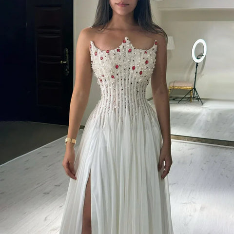 2025 White Strapless Luxury Dubai Evening Gown with Front Double Split Pearls Beaded Dress for Women's Party LA72667