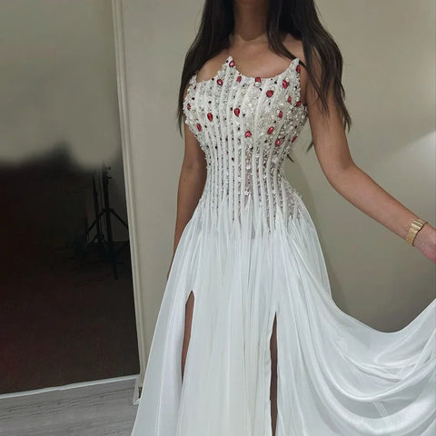 2025 White Strapless Luxury Dubai Evening Gown with Front Double Split Pearls Beaded Dress for Women's Party LA72667