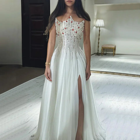 2025 White Strapless Luxury Dubai Evening Gown with Front Double Split Pearls Beaded Dress for Women's Party LA72667
