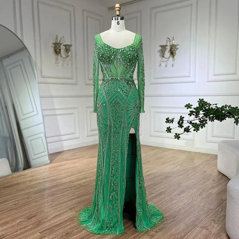 2025 Women Wedding Parties Dubai Arabia Luxury Beaded Evening Dresses Gowns Green Elegant Split Mermaid LA72518