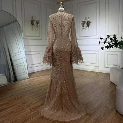 Luxury Dubai Feathers Nude Evening Dresses Long Sleeves LA72394