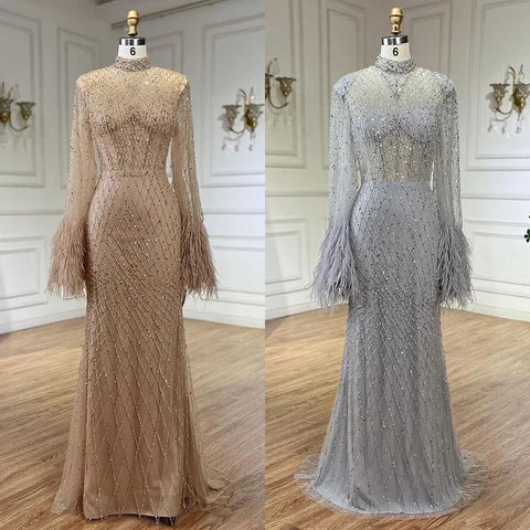 Luxury Dubai Feathers Nude Evening Dresses Long Sleeves LA72394