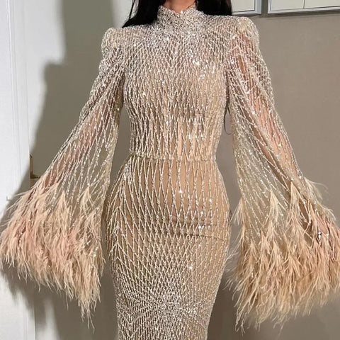 Luxury Dubai Feathers Nude Evening Dresses Long Sleeves LA72394