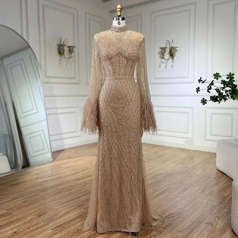 Luxury Dubai Feathers Nude Evening Dresses Long Sleeves LA72394