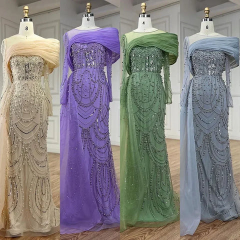 Vestido de noche color nude con cristales estilo sirena, sobrefalda y mangas largas LA72348