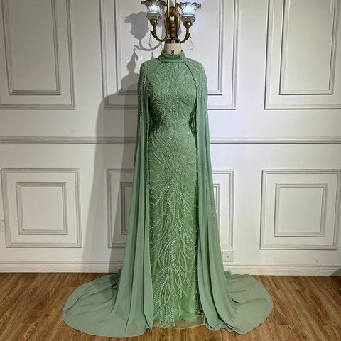 Luxury Sage Green Muslim Evening Dress with Cape Long Sleeves LA72413