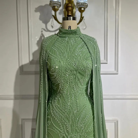 2025 muslim Sage Green Mermaid Cape Sleeves Beaded Satin Luxury Evening Dresses Gowns for Women Party LA72413