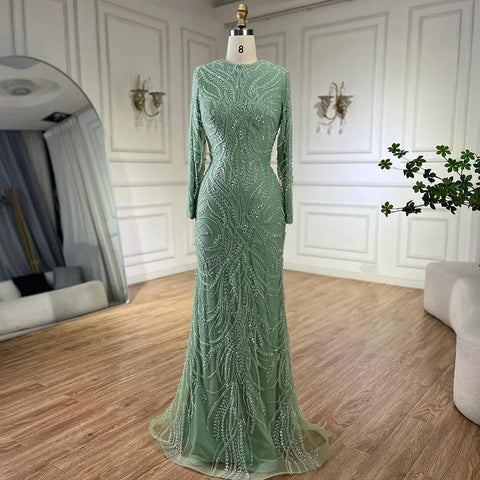 Luxury Sage Green Muslim Evening Dress with Cape Long Sleeves LA72413