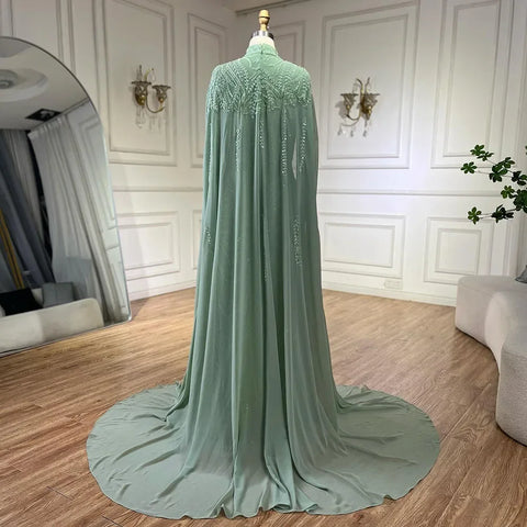2025 muslim Sage Green Mermaid Cape Sleeves Beaded Satin Luxury Evening Dresses Gowns for Women Party LA72413