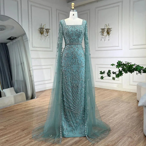 Luxury Arabic Turquoise Evening Dress with Cape Sleeves LA72400