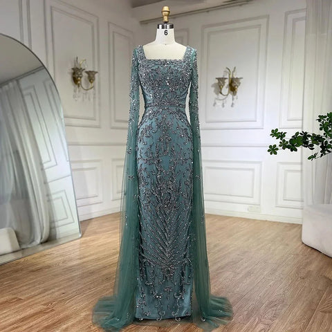 Luxury Arabic Turquoise Evening Dress with Cape Sleeves LA72400
