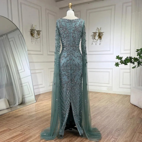 Luxury Arabic Turquoise Evening Dress with Cape Sleeves LA72400