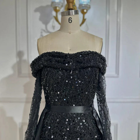 2025 Black Off-Shoulder Beaded Corset Evening Gown with Detachable Satin Overskirt for Formal Occasion LA72254B
