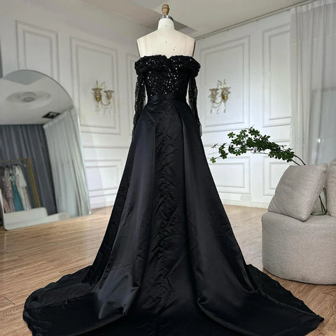 2025 Black Off-Shoulder Beaded Corset Evening Gown with Detachable Satin Overskirt for Formal Occasion LA72254B