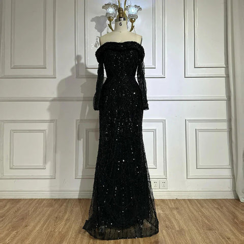 2025 Black Off-Shoulder Beaded Corset Evening Gown with Detachable Satin Overskirt for Formal Occasion LA72254B