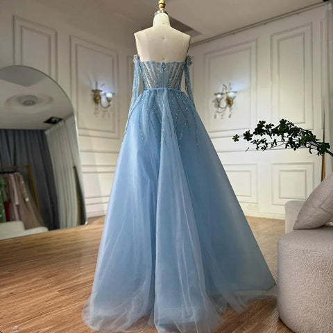 2025 Arabia Blue Mermaid Evening Dresses Gowns with Gloves and Overskirt for Formal Occasion LA72582