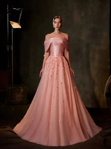 2025 Arabia Peach Off-the-Shoulder A-Line Satin Appliques Evening Dress Gown for Formal Occasion LA72830