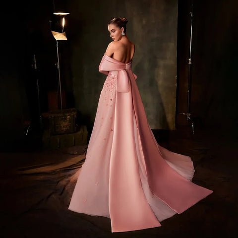 2025 Arabia Peach Off-the-Shoulder A-Line Satin Appliques Evening Dress Gown for Formal Occasion LA72830