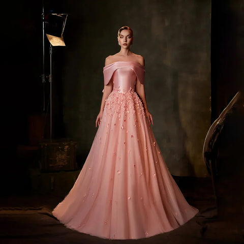 2025 Arabia Peach Off-the-Shoulder A-Line Satin Appliques Evening Dress Gown for Formal Occasion LA72830