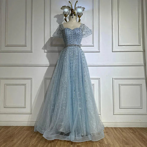 Blue A Line Beaded Backless Evening Dress Gown LA72834